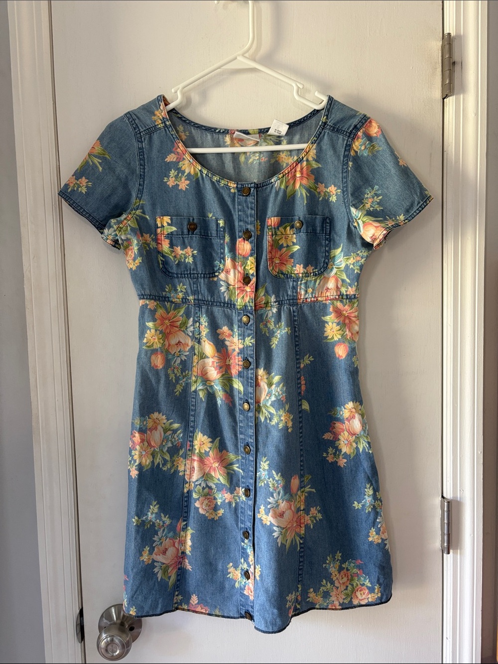 Vintage Liz Claiborne Mini Dress- Denim with Pink and Yellow Accints